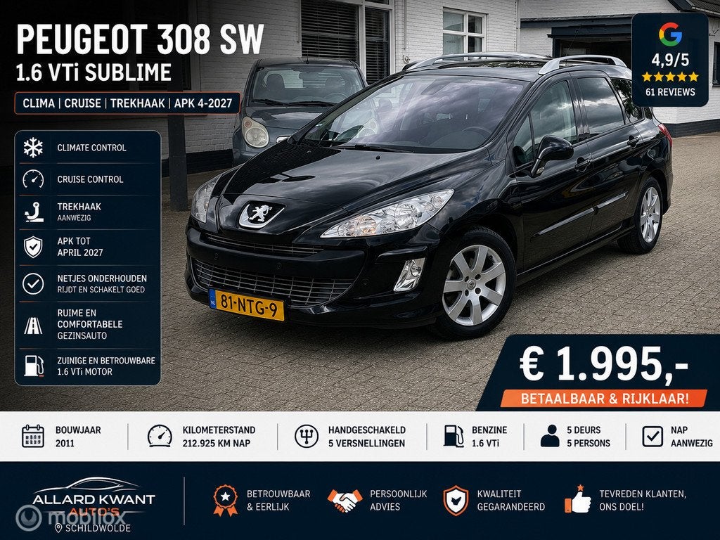 Peugeot 308 SW 1.6 VTi Sublime / Clima / Cruise / Apk 4-2027, Auto's, Peugeot, Bedrijf, Te koop, ABS, Airbags, Airconditioning