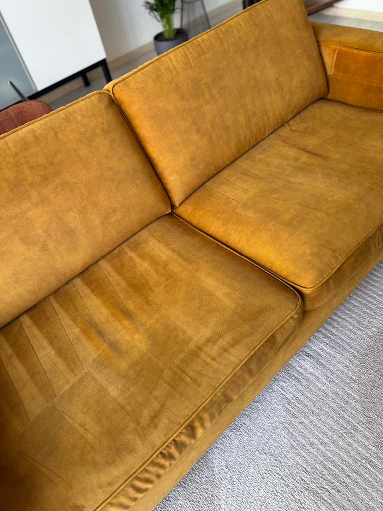 Goud/gele tweezits bank, Ophalen, 150 tot 200 cm, Tweepersoons, 75 tot 100 cm