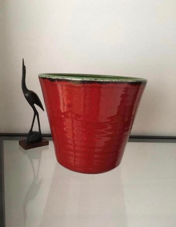 Rood/groen unieke geglazuurde vintage jaren ‘50 bloempot, Tuin en Terras, Ophalen, Rond, Binnen, Zo goed als nieuw