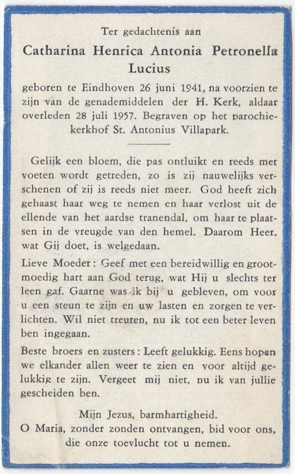 Catharina Henrica Lucius 1941 - 1957 Eindhoven, 16 jaar oud, Verzamelen, Bidprentjes en Rouwkaarten, Verzenden