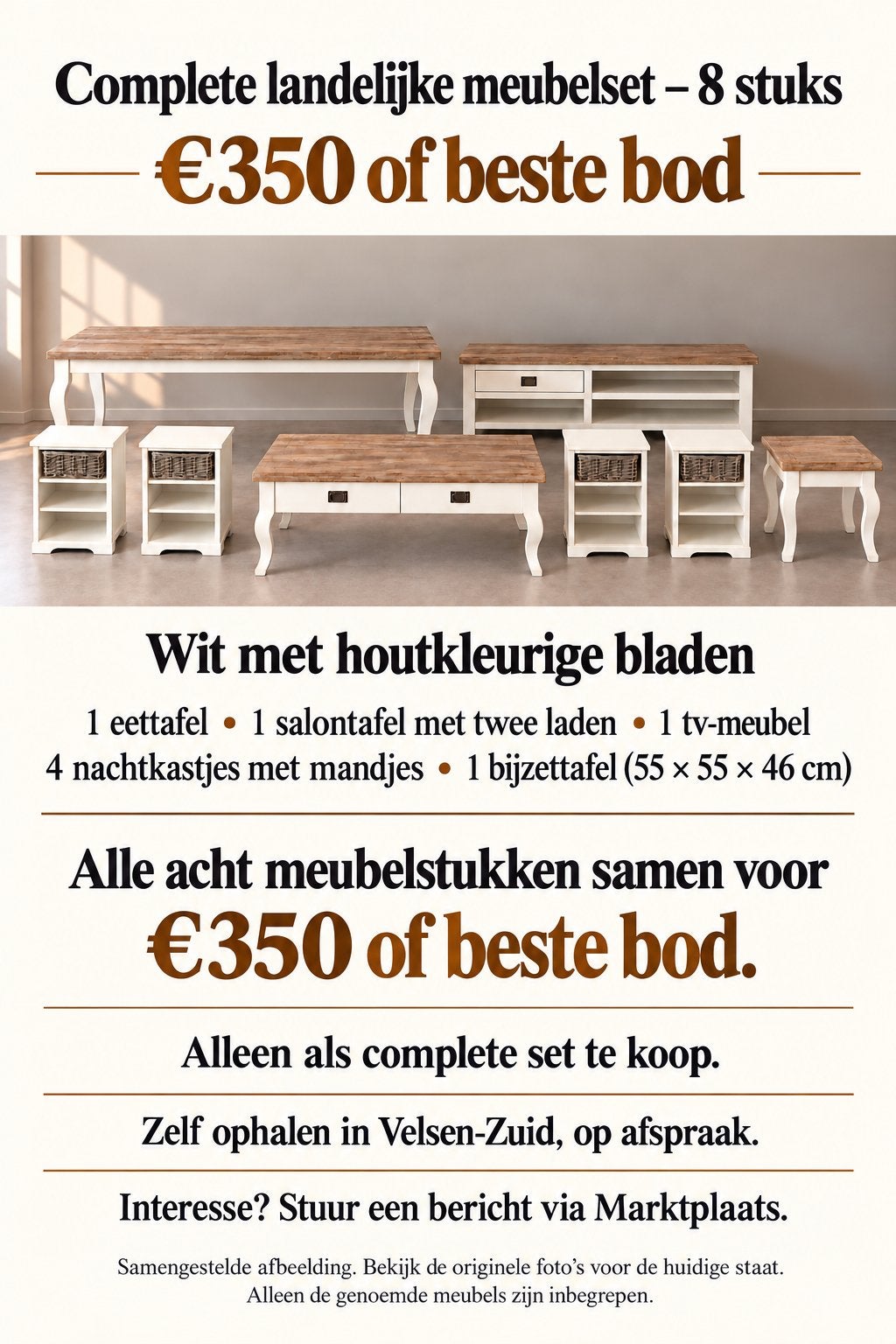 Complete landelijke meubelset - 8 stuks wit met hout, Ophalen of Verzenden, Gebruikt