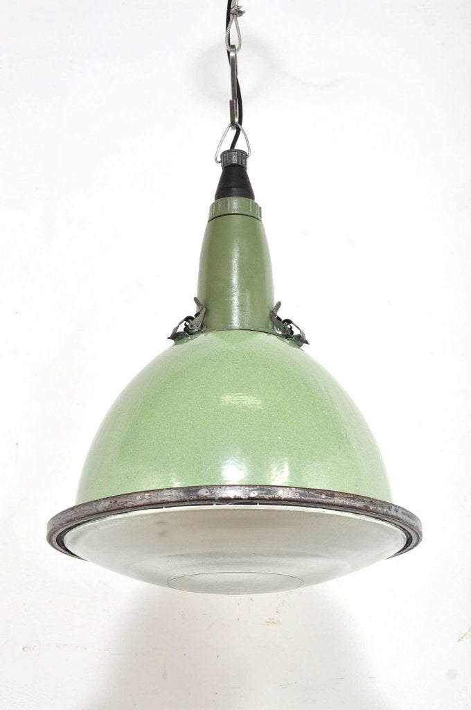 Vintage emaille lampen fabriekslamp bol glas jaren 50, Huis en Inrichting, Lampen | Hanglampen, Ophalen of Verzenden, Gebruikt