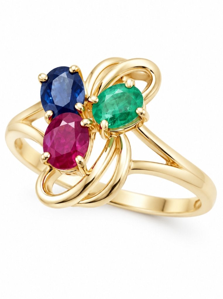 14 karaat Gouden Ring Saffier Smaragd Robijn  en Briljantje, 18 tot 19, Nieuw, Ophalen of Verzenden, Met edelsteen