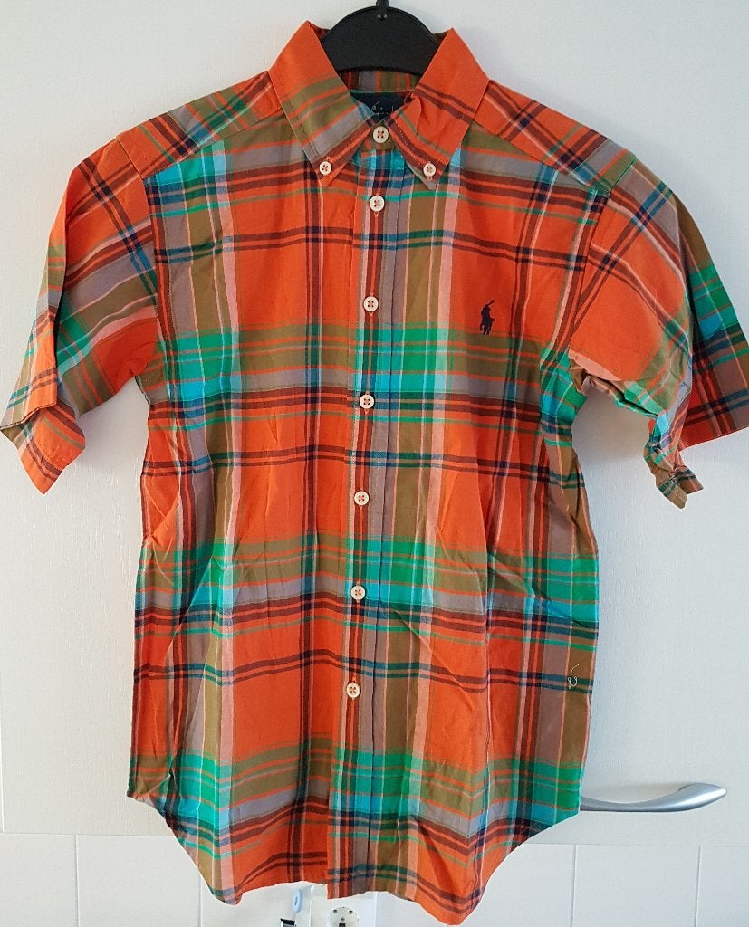 Maat 140/146 Oranje geruit Ralph Lauren overhemd s/s NIEUW a, Overhemd of Blouse, Nieuw, Ophalen of Verzenden, Jongen