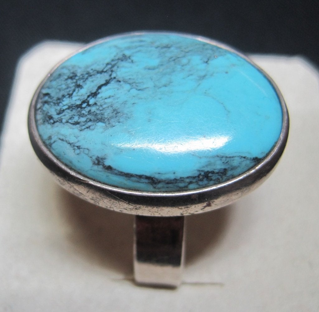 Circa 1960 turkoois zilver 835 ring maat 19,5, Ophalen, Blauw, 19 tot 20, Zo goed als nieuw