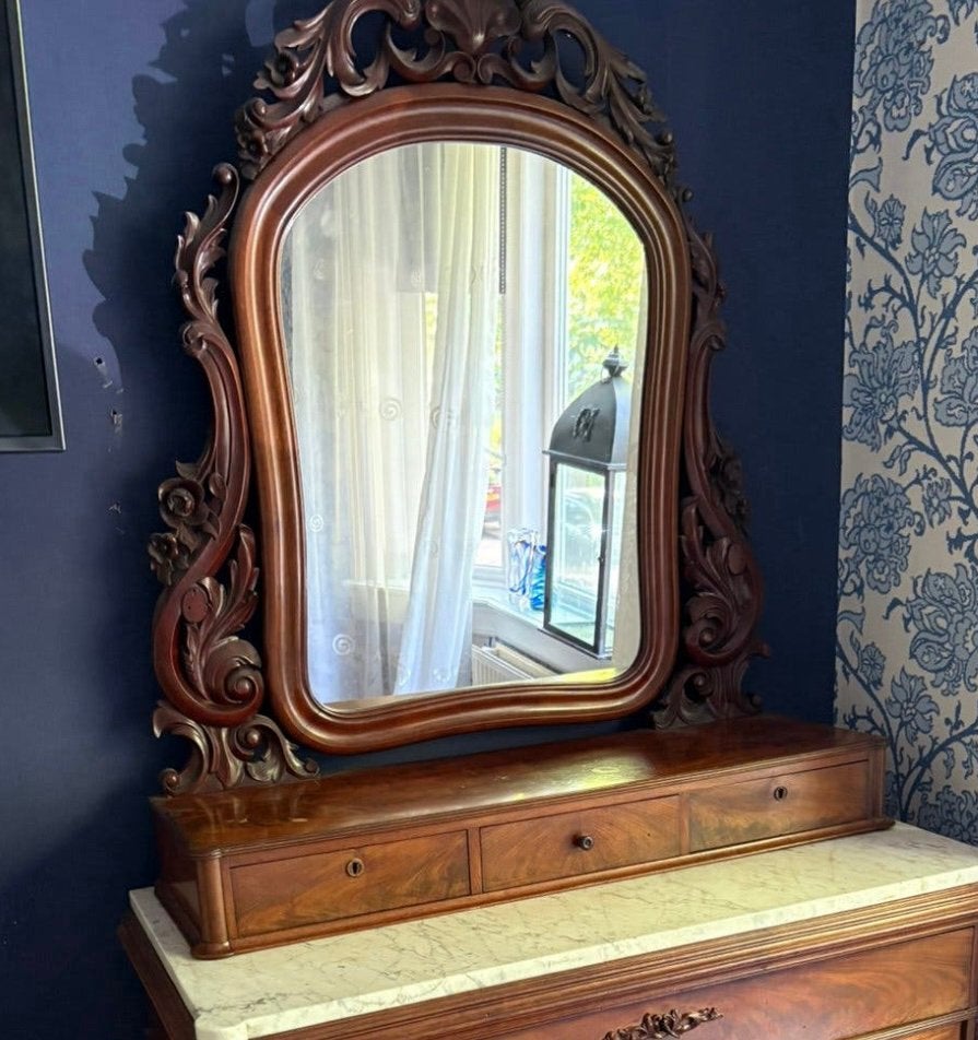 Antieke spiegel met prachtige kuif/kaptafel, Ophalen, Rechthoekig, 100 tot 150 cm