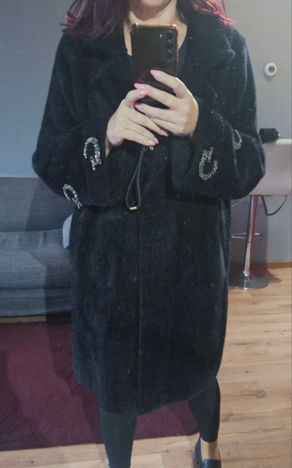 Luxe Zwarte Wol & Angora Jas - Oversized met Kristallen, Kleding | Dames, Verzenden, Zo goed als nieuw