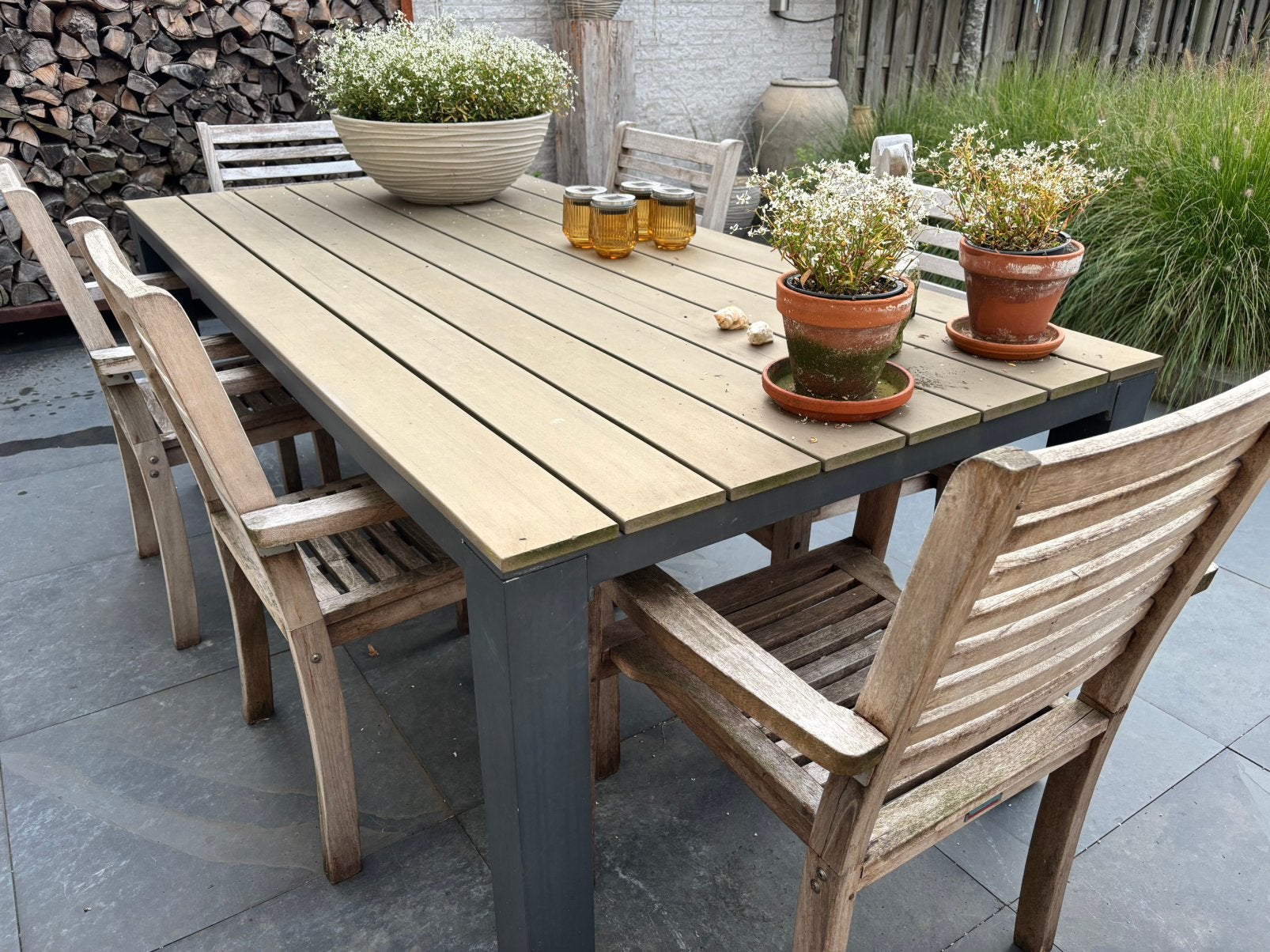 Houten tuinset met 6 stoelen en tafel, Ophalen, Gebruikt, Eettafel, 8 zitplaatsen