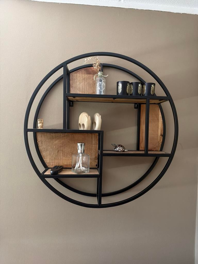 Rond wandrek met houten planken - Industrieel design, Huis en Inrichting, Woonaccessoires | Wandplanken en Boekenplanken, Ophalen of Verzenden