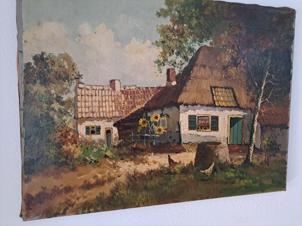 Schilderij olieverf. Boerderij met kippen. Omstreeks 1950, Ophalen of Verzenden