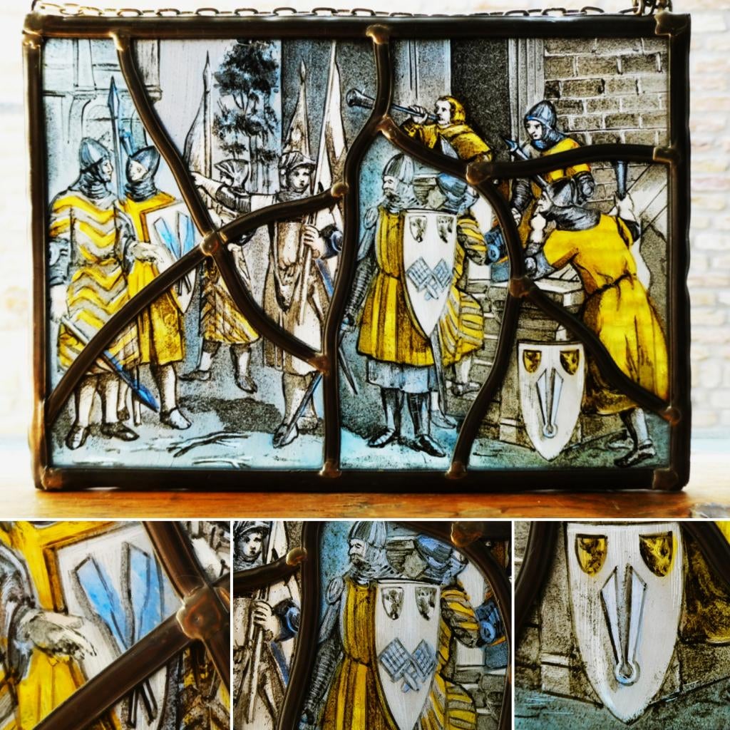 Glas in lood raamhanger Ridders heraldiek ridder schild, Antiek en Kunst, Antiek | Overige Antiek, Ophalen of Verzenden