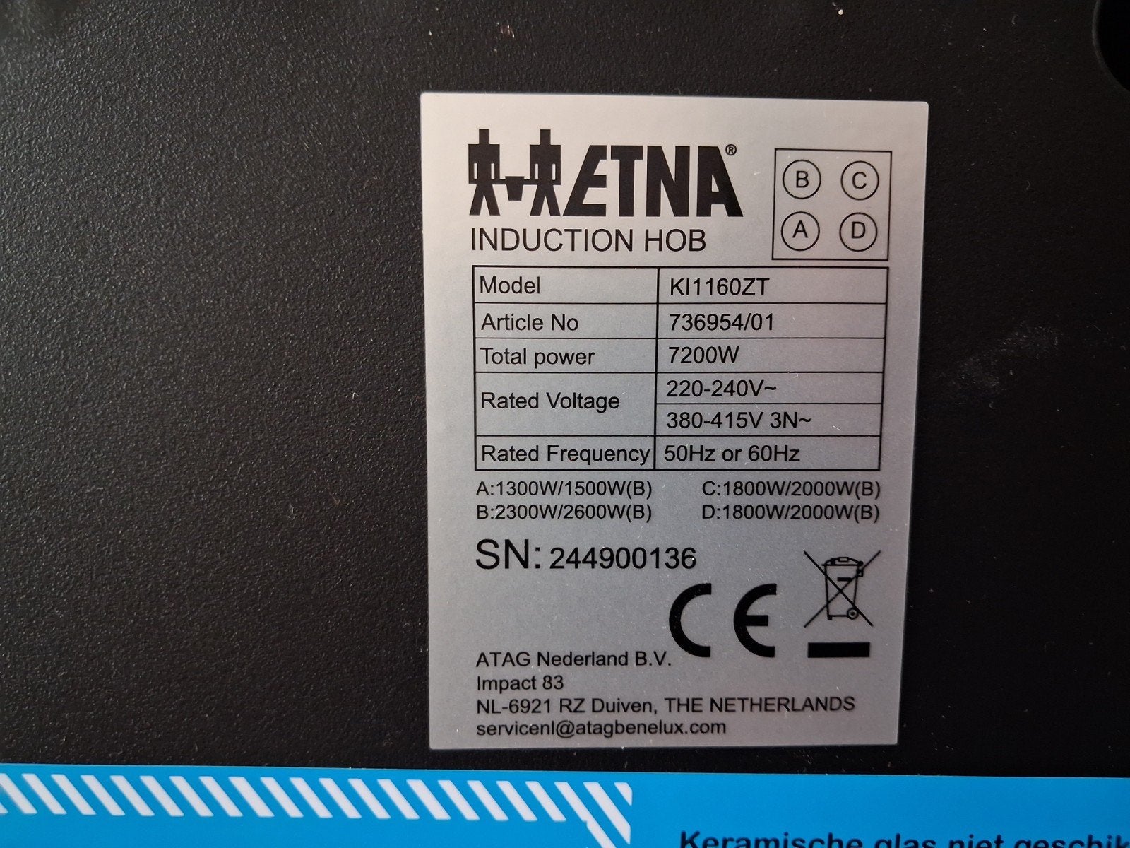 Etna KI1160ZT Inductiekookplaat met Perilex stekker, Ophalen