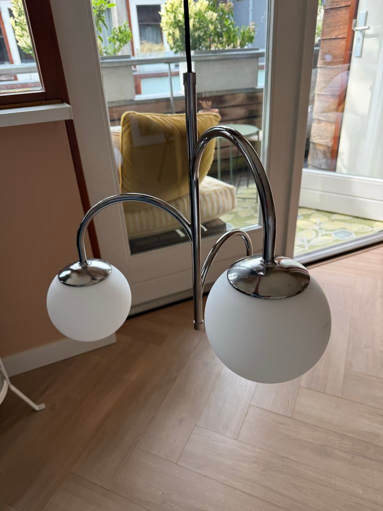 Hanglamp met 3 Melkglazen Bollen - Chroom, Ophalen, Zo goed als nieuw