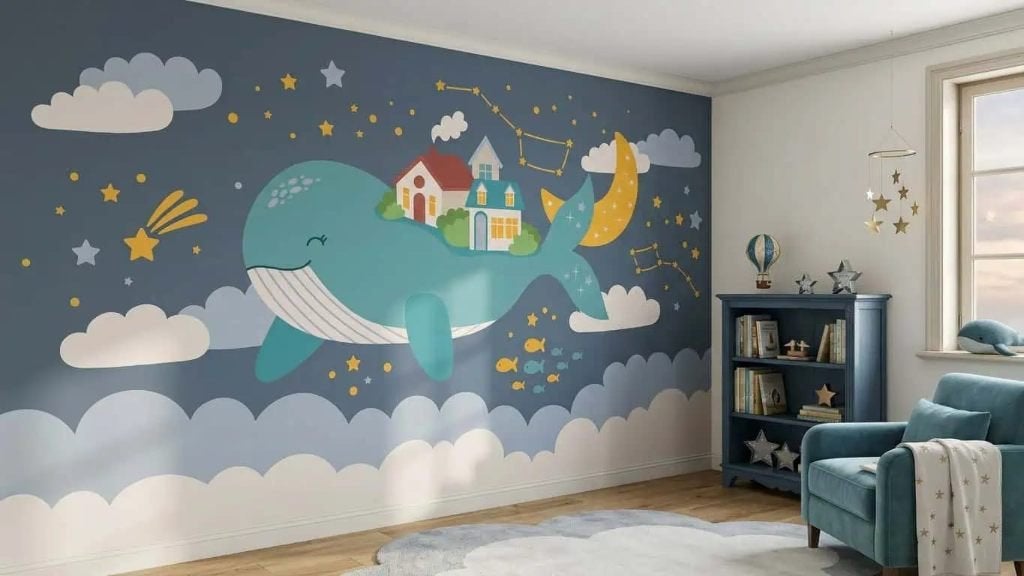 Behang kinderkamer – walvis onder sterrenhemel, Overige merken, Modern, Ophalen of Verzenden, Fotobehang