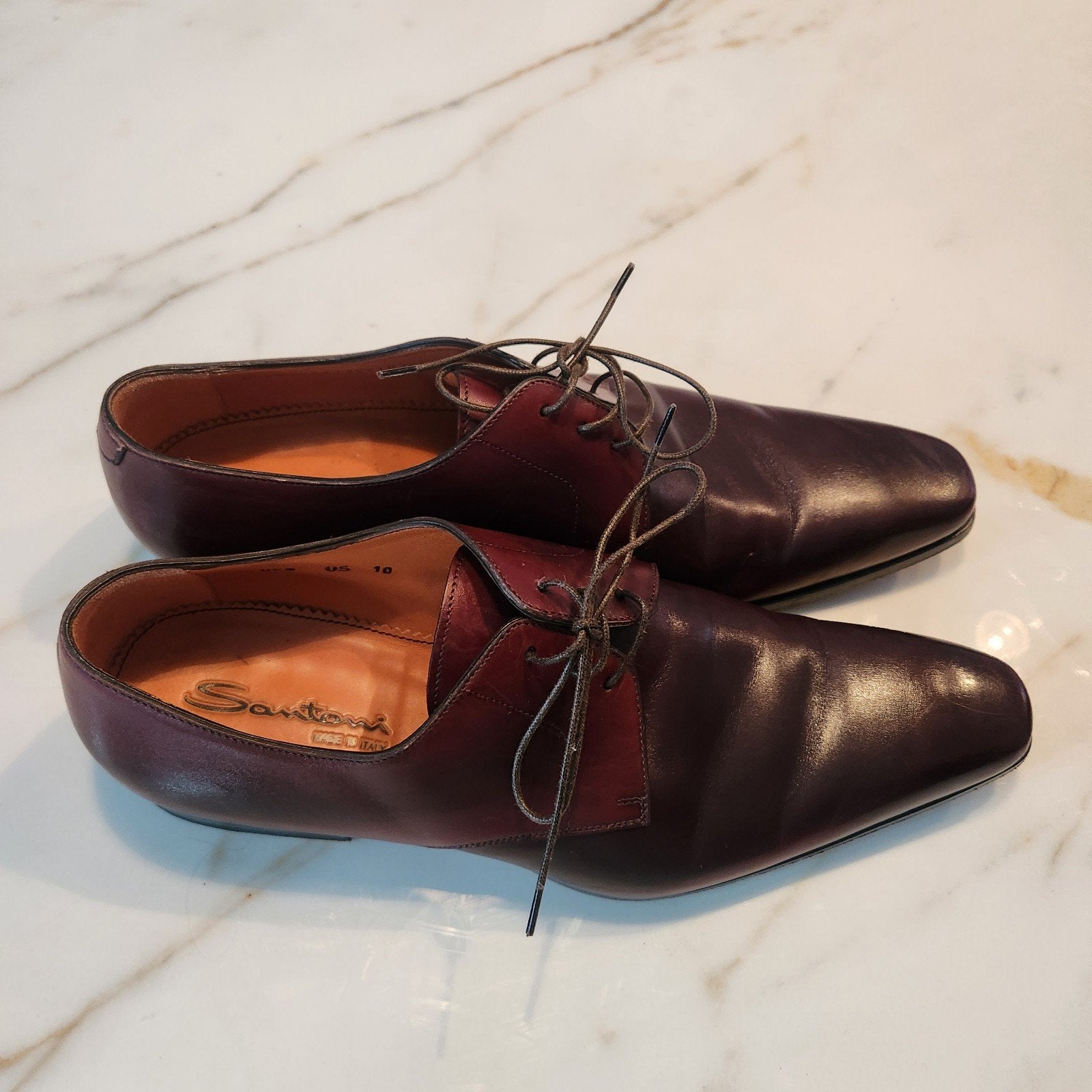Santoni Heren Veterschoen - Bordeaux/Bruin Leer UK 9, Bruin, Verzenden, Zo goed als nieuw, Santoni