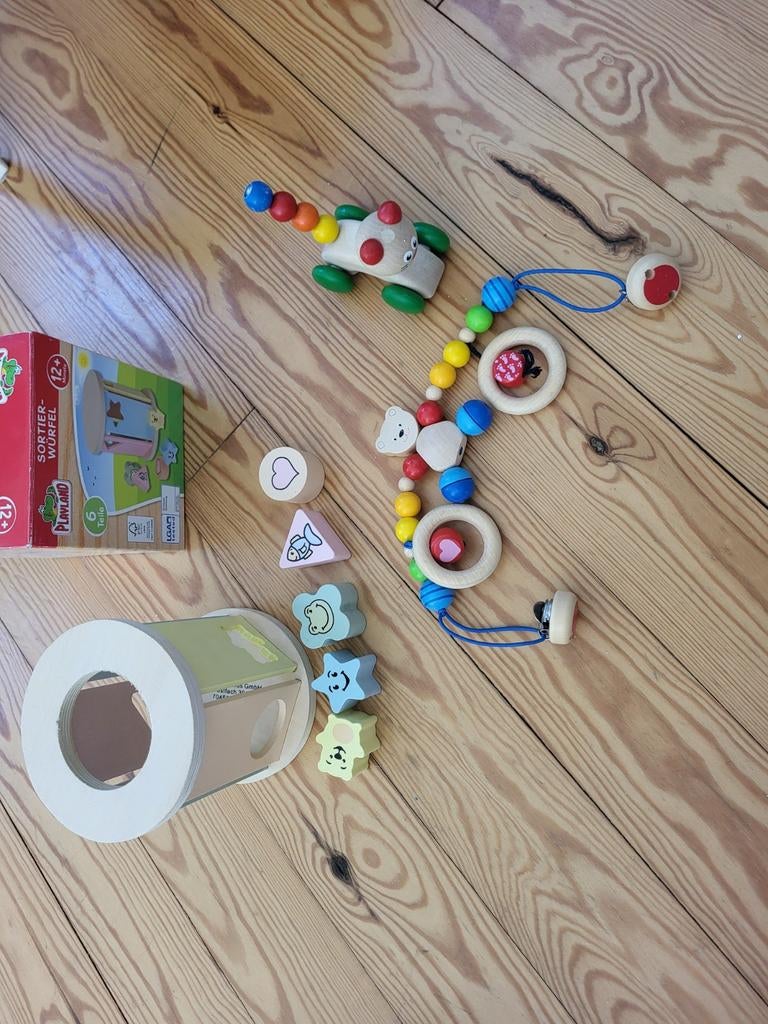 Houten speelgoed set: sorteerdoos, rups en wagenspanner, Ophalen of Verzenden, Gebruikt, Overige typen