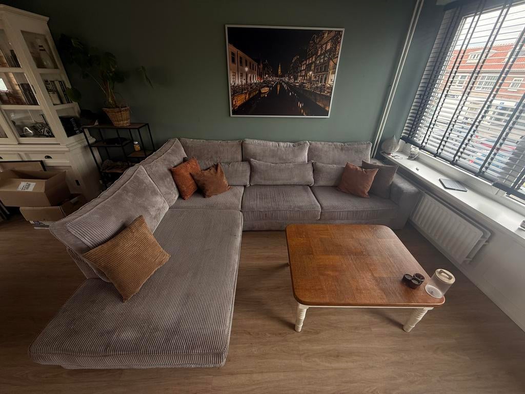 Ribstof hoekbank met hocker 250x300 cm, Ophalen, Gebruikt
