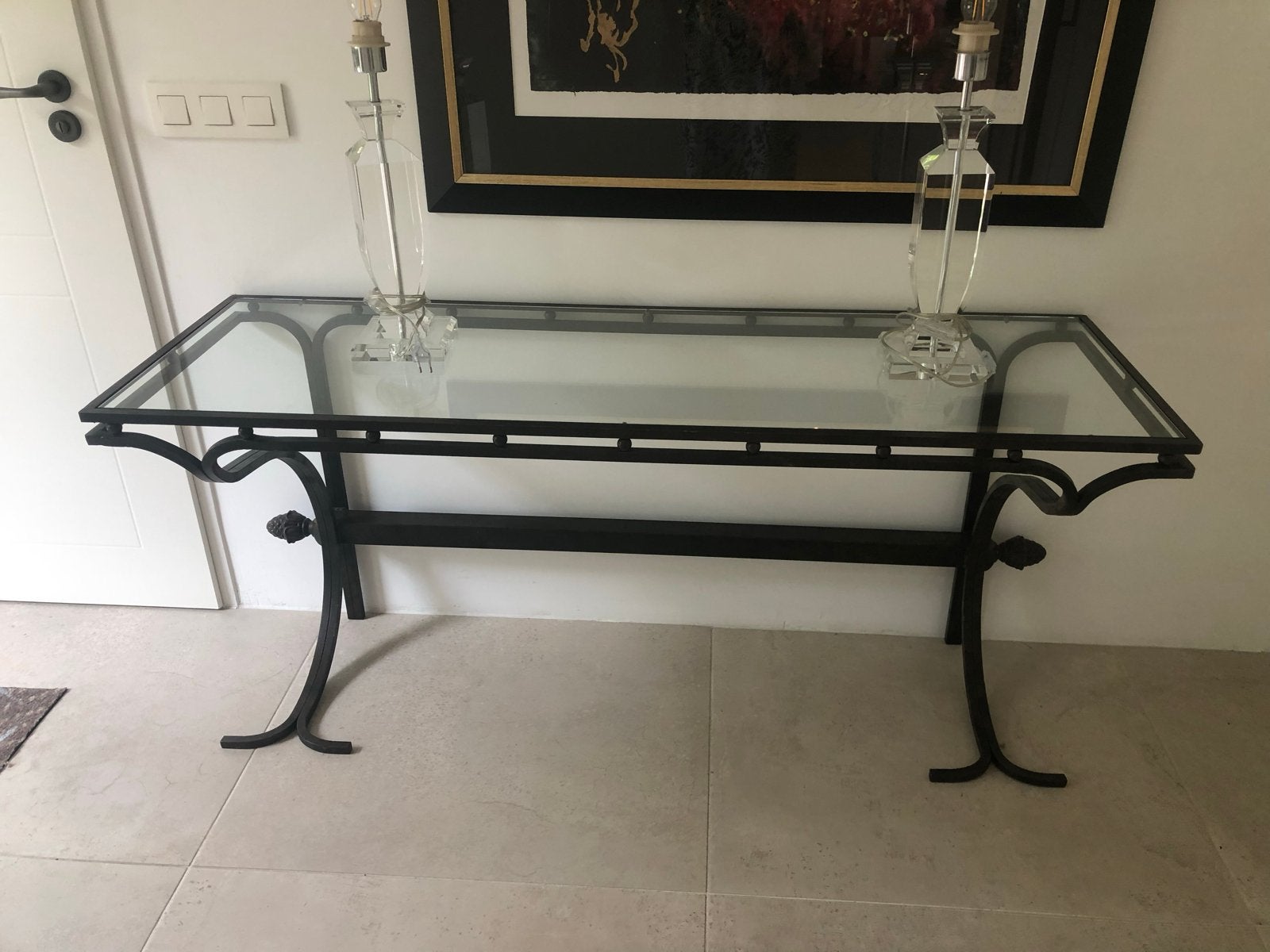 Sidetable met glazen blad en metalen onderstel, Huis en Inrichting, Ophalen, 100 tot 150 cm, Glas, Zo goed als nieuw