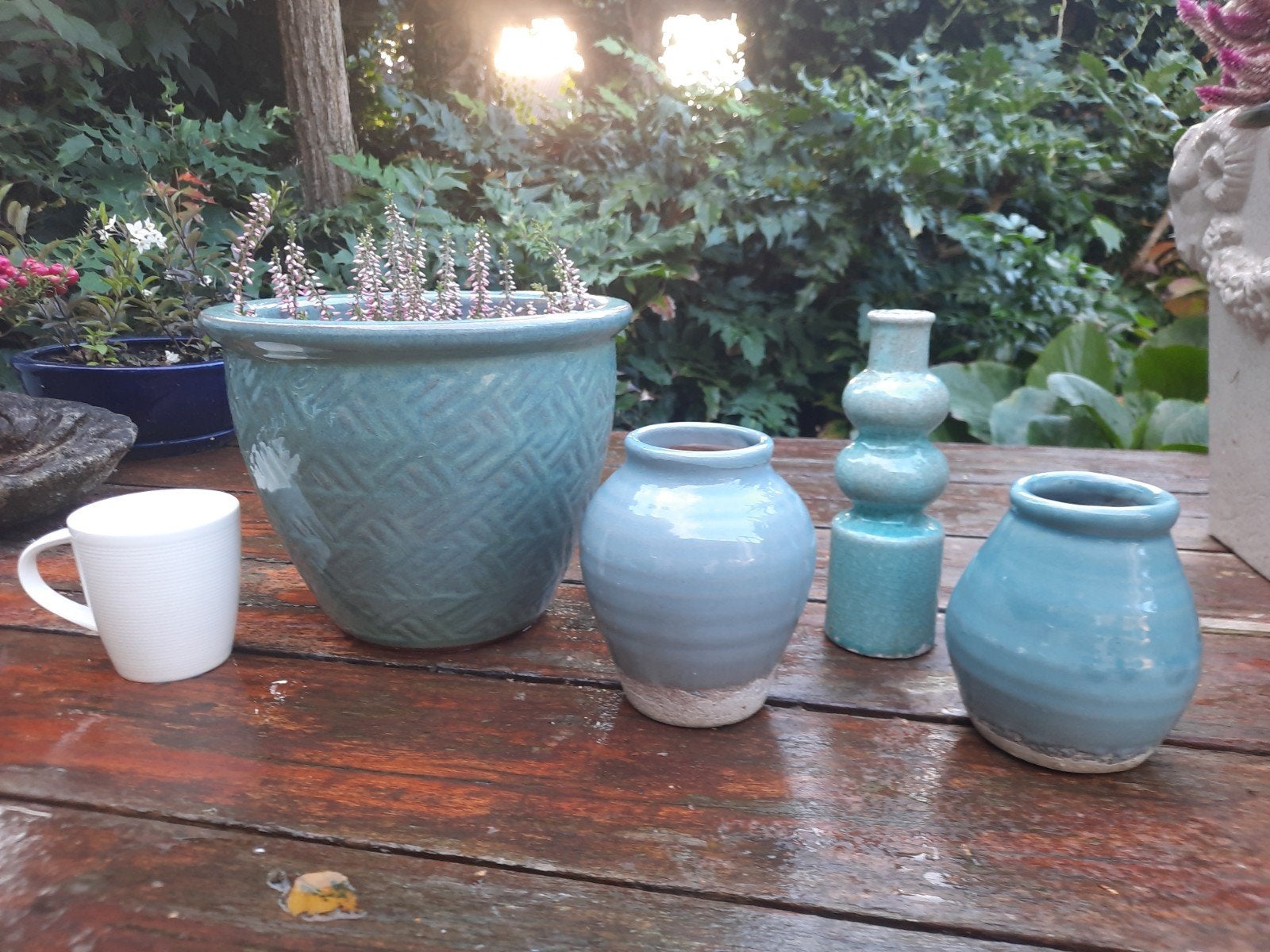 Mooie set 4x nieuw blauw groen geglazuurde bloempot en vaasj, Tuin en Terras, Ophalen, Rond, Nieuw, Aardewerk