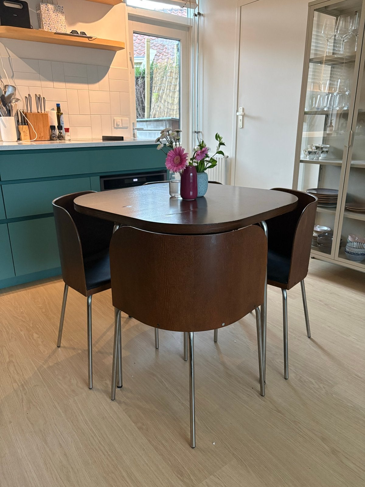 Vintage set eettafel met 4 stoelen - Hout en metaal, Gebruikt, 50 tot 100 cm, Rond, 50 tot 100 cm