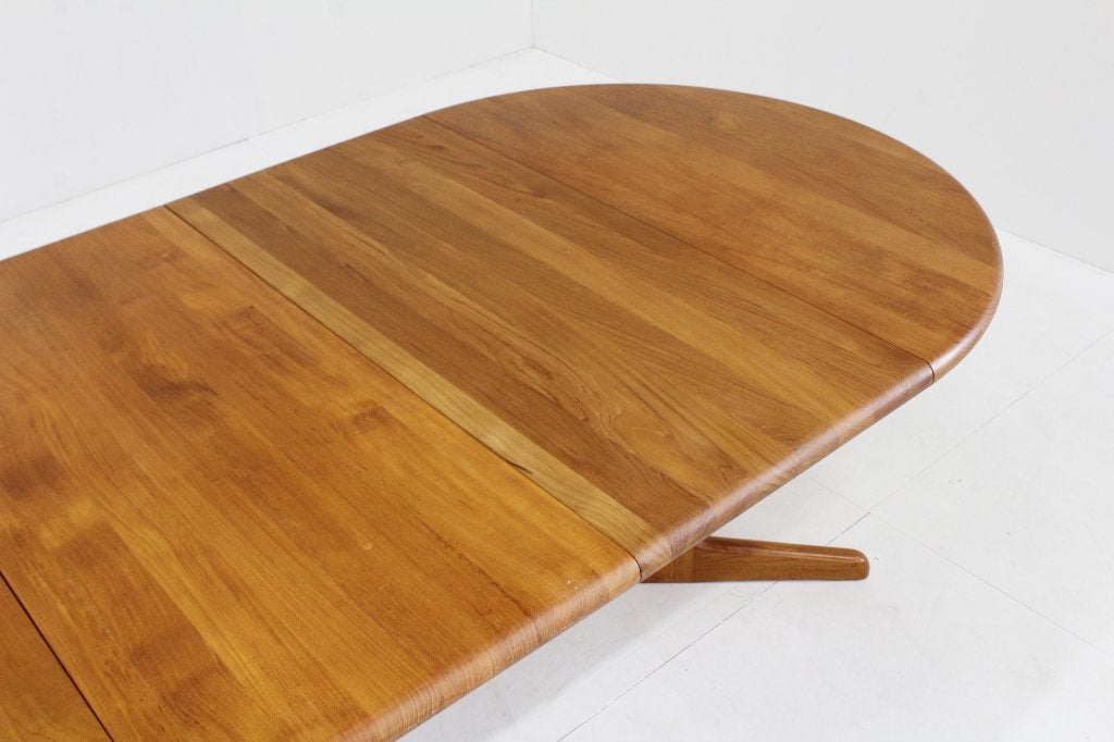 Vintage ronde uitschuifbare eettafel tafel massief teak, Ophalen, Gebruikt, 100 tot 150 cm, 200 cm of meer