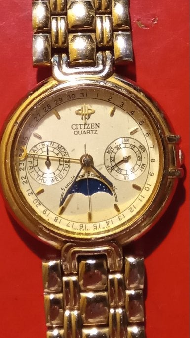 werkend vintage horloge Citizen quartz, maanaanduiding, Staal, Met ketting, Polshorloge, Citizen