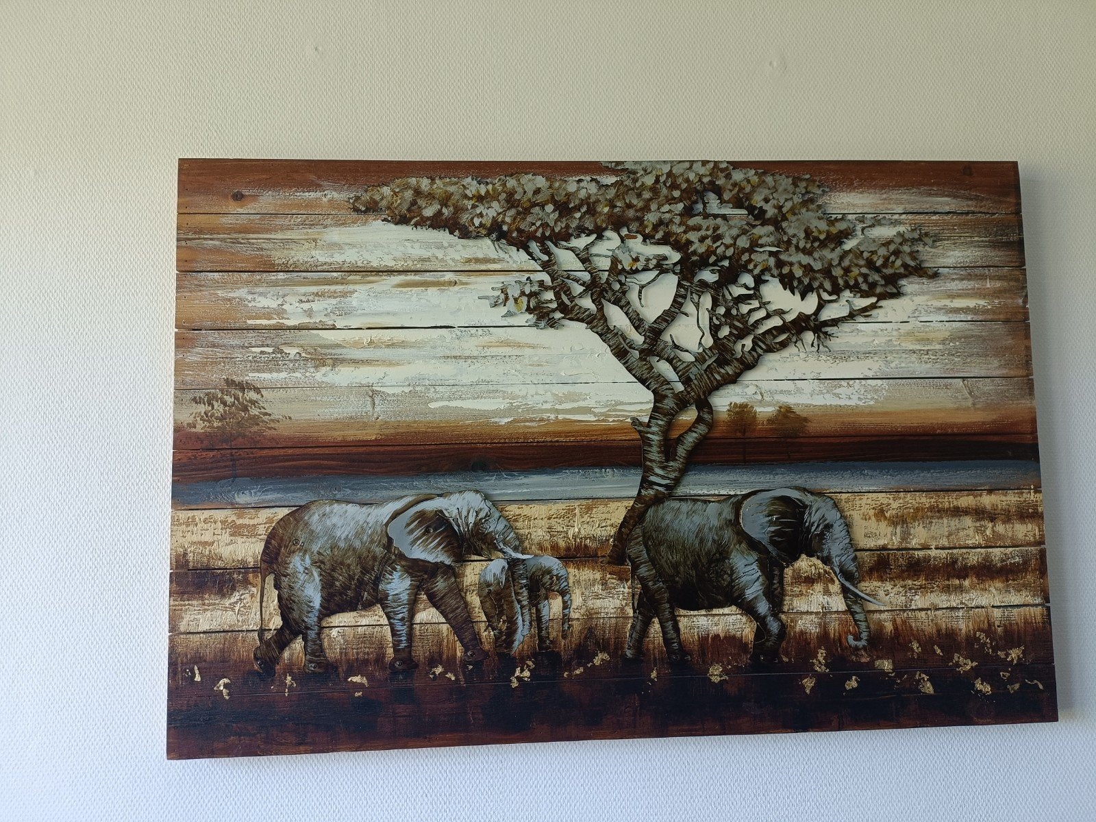 Schilderij steigerhout olifanten en boom metaal 120x80, Ophalen