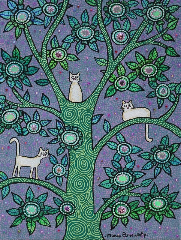 Origineel Handgeschilderd Schilderijtje Witte Katten in Boom, Acrylverf, Ophalen of Verzenden, Dieren, Overige materialen