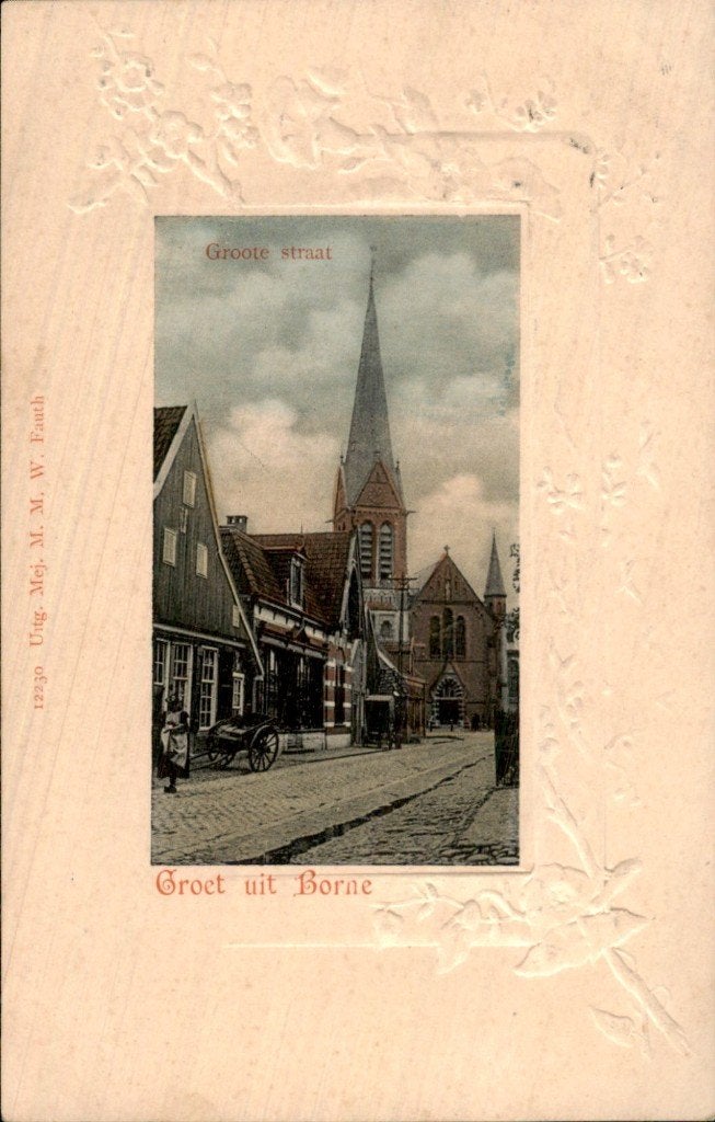 Borne - Groote straat - Straatzicht met kerk, Verzamelen, Ansichtkaarten | Nederland, Ophalen of Verzenden, Voor 1920, Gelopen
