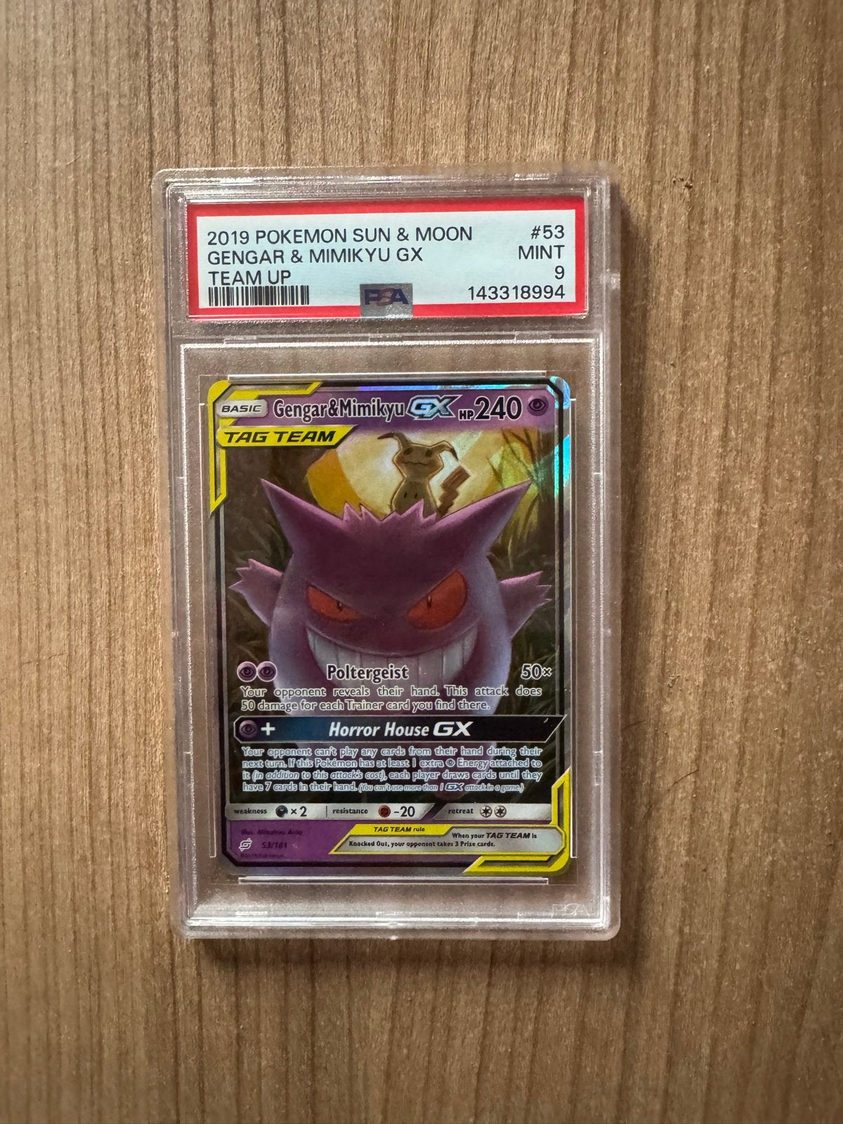 Gengar & Mimikyu GX PSA 9 MINT - Pokémon Team Up, Ophalen of Verzenden, Zo goed als nieuw, Losse kaart