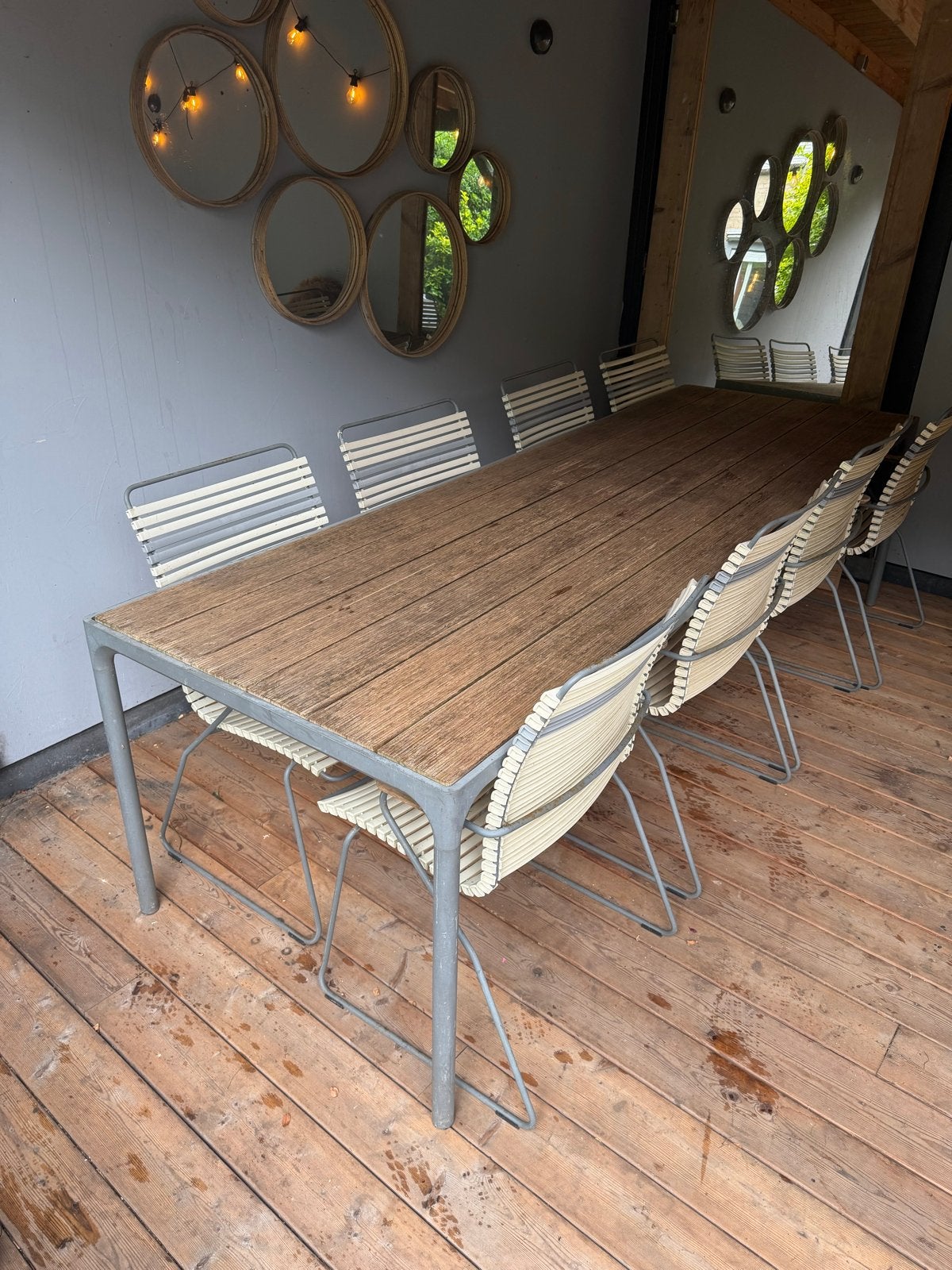 Houe eettafel met 8 stoelen - Bamboe blad, Tuin en Terras, Ophalen, Gebruikt, Eettafel, 8 zitplaatsen