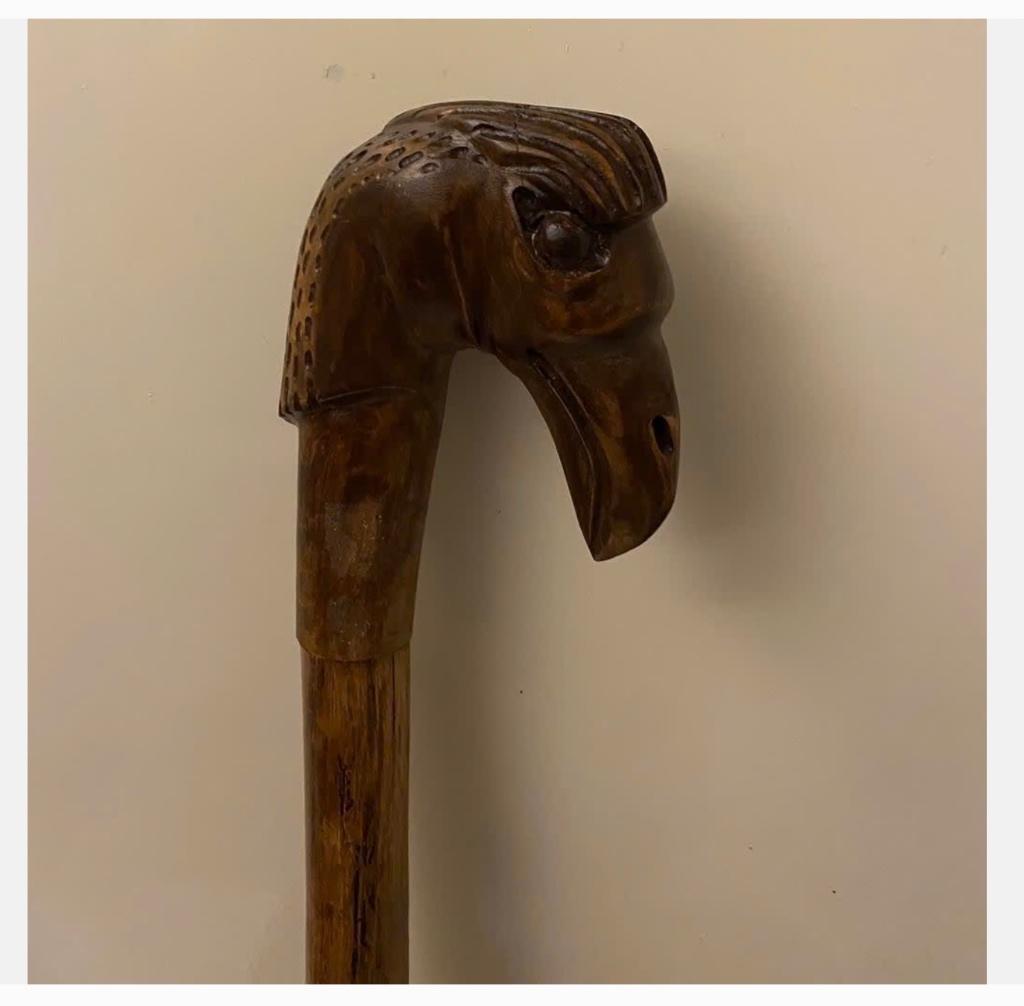 Wandelstok hout met vogelkop koperen voet, Ophalen of Verzenden