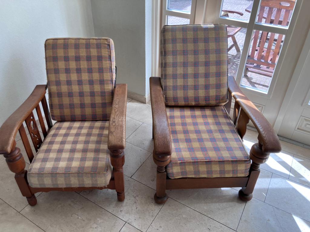 2 vintage rookstoelen, Huis en Inrichting, Fauteuils, Ophalen, Gebruikt, Hout, Minder dan 50 cm