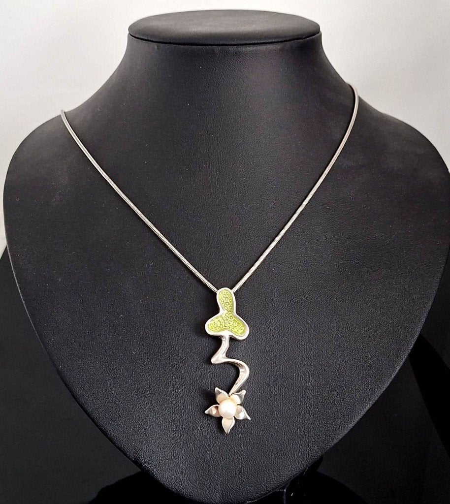 Schitterende Sterling Zilveren Ketting & Parel Bloem Hanger, Ophalen of Verzenden, Zo goed als nieuw, Met edelsteen, Zilver