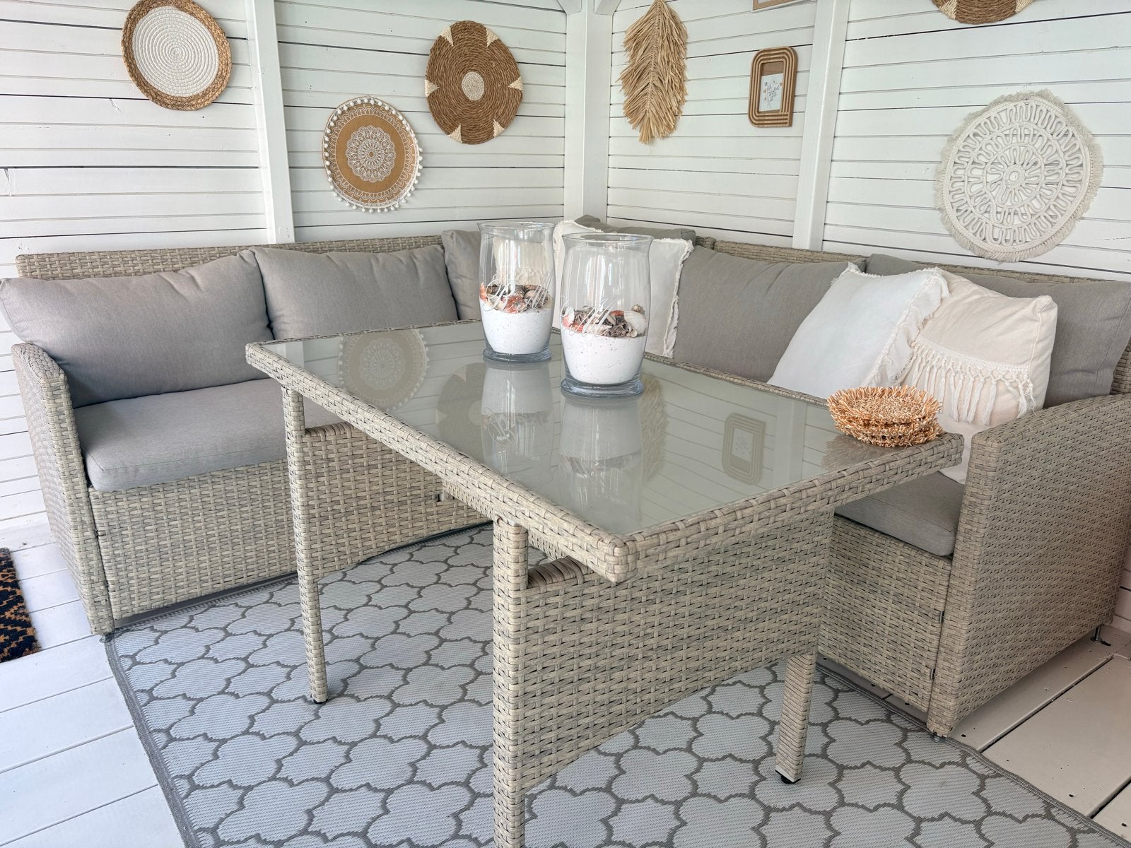 Wicker loungeset met glazen tafel - beige / taupe kleur, Tuin en Terras, Ophalen, 5 zitplaatsen, Gebruikt, Loungeset