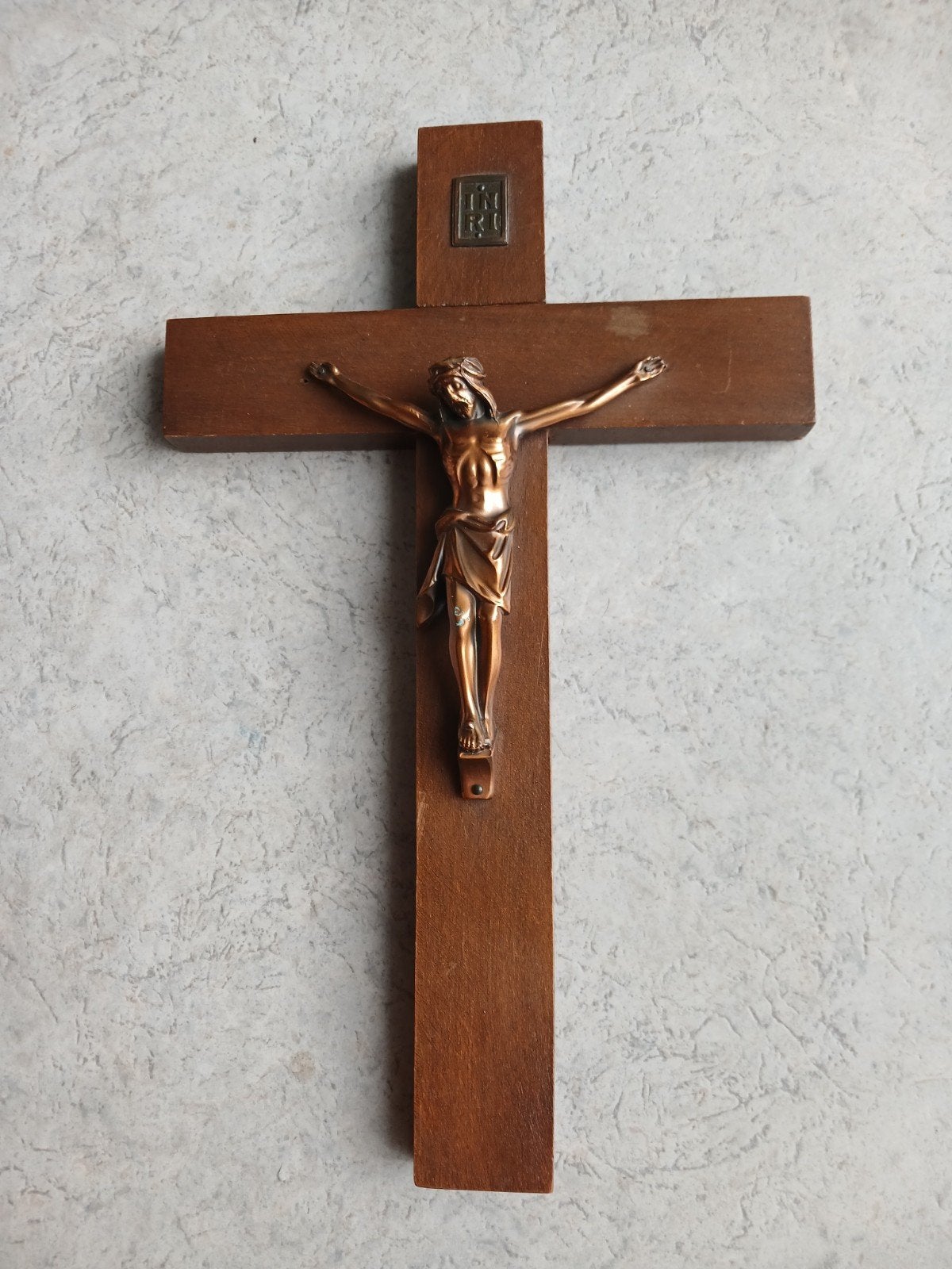 Vintage houten kruis met bronzen Christus en Maria hoofden, Ophalen of Verzenden