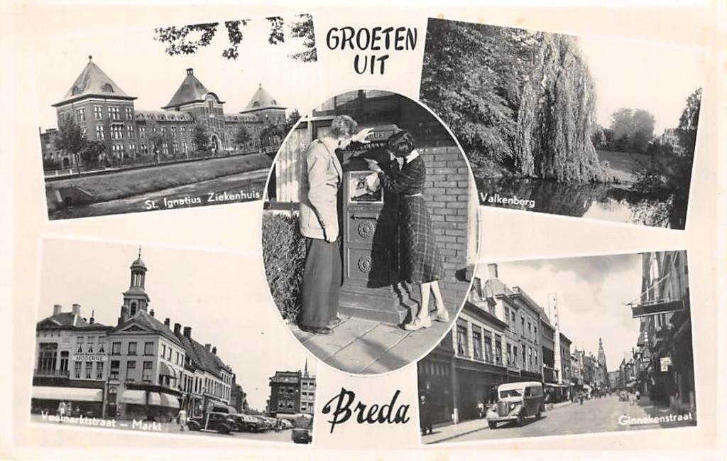 Breda Groeten uit Brievenbus Ziekenhuis Ginnekenstraat Markt, Ophalen of Verzenden, 1940 tot 1960, Gelopen, Noord-Brabant