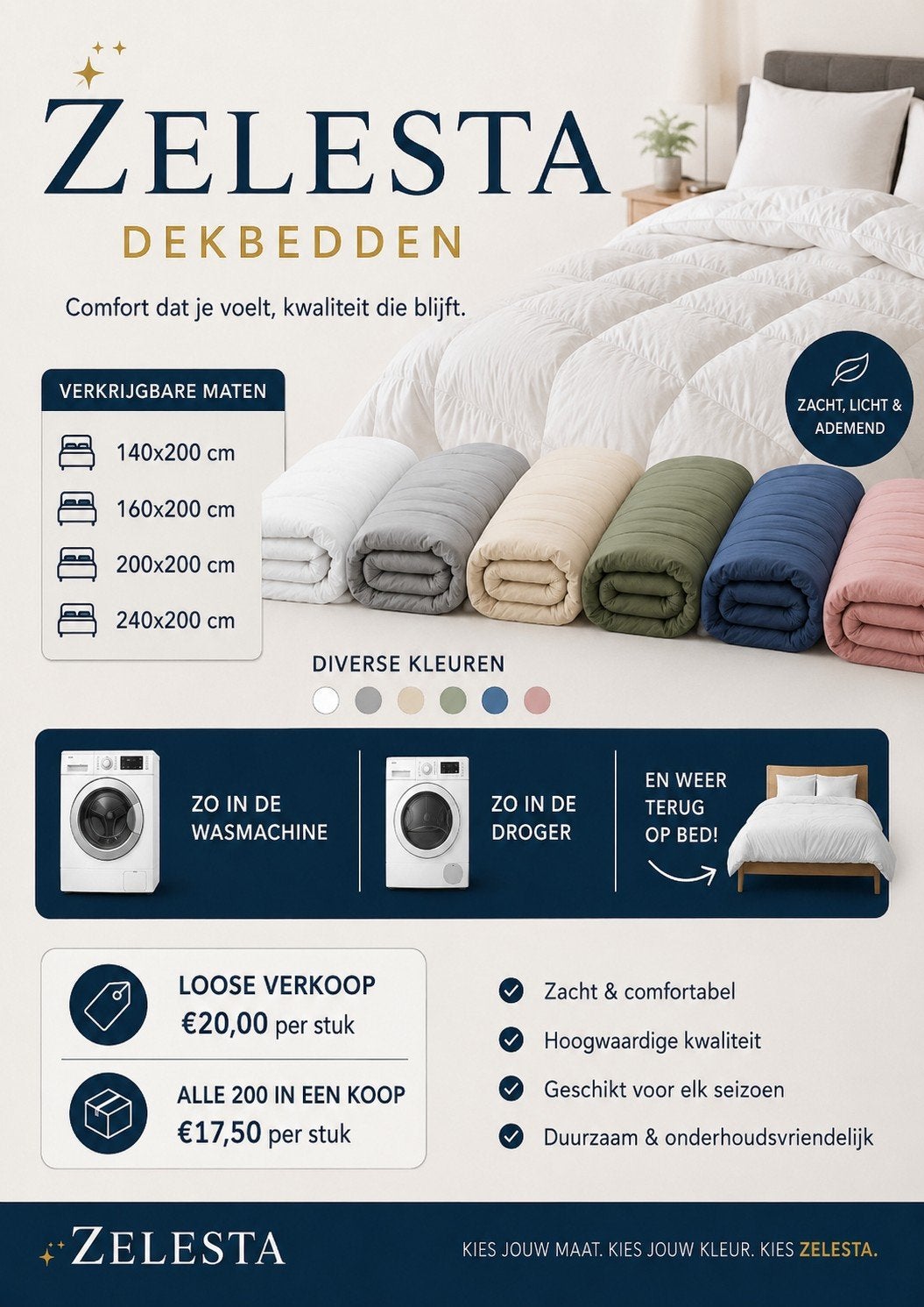 Partij 200 zelesta dekbedden NIEUW !!, Wit, Ophalen of Verzenden, Deken of Dekbed, Nieuw