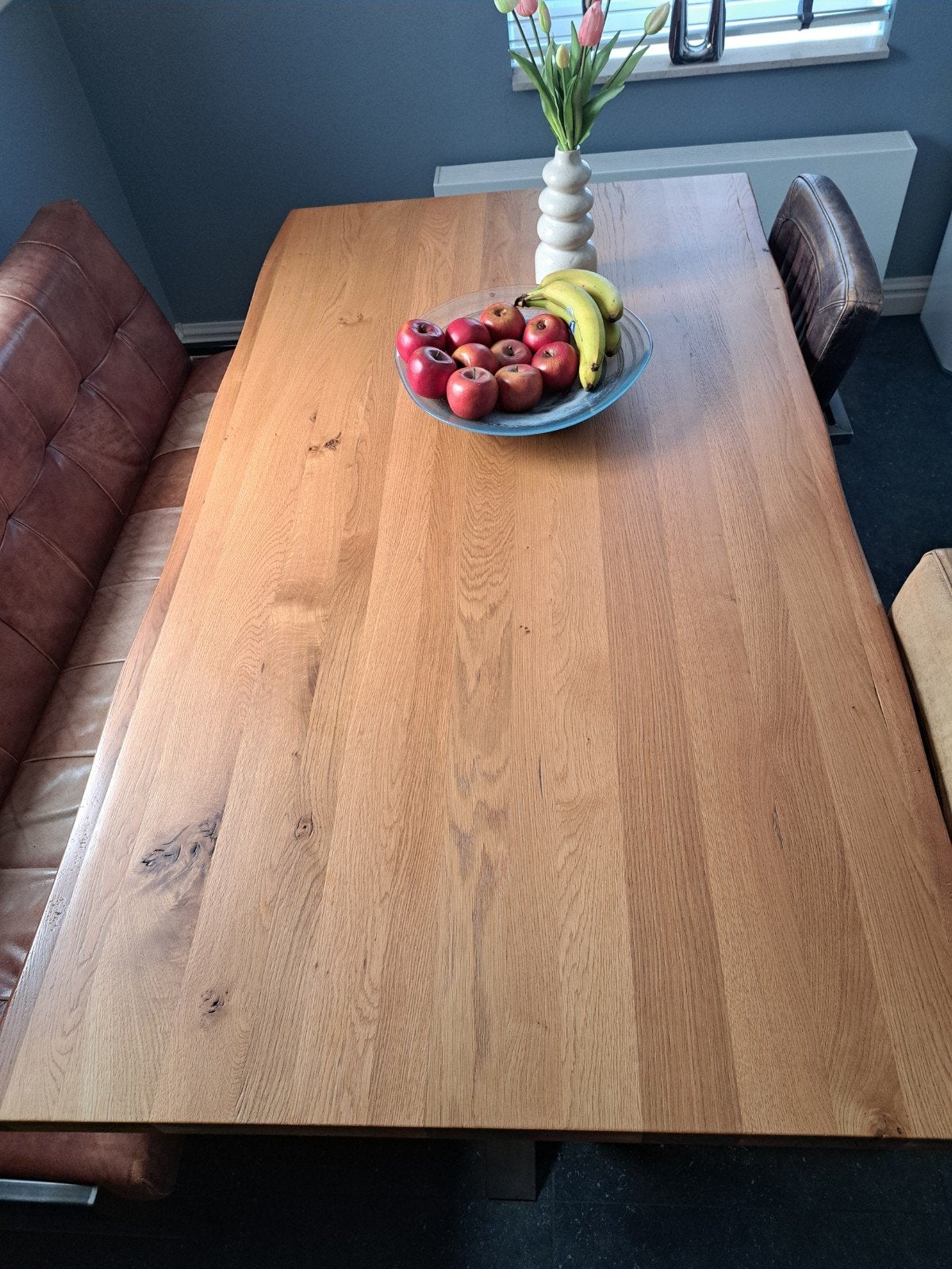Robuuste eikenhouten eettafel met metalen onderstel, Ophalen, Industrieel, Modern, 50 tot 100 cm, Zo goed als nieuw