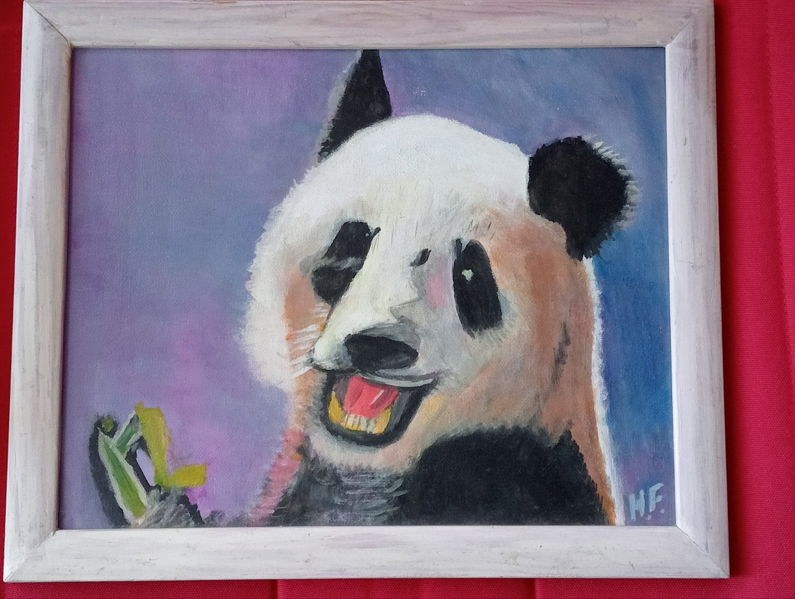Panda olieverf gemaroufleerd op board Monogram HF, Antiek en Kunst, Kunst | Schilderijen | Modern, Verzenden