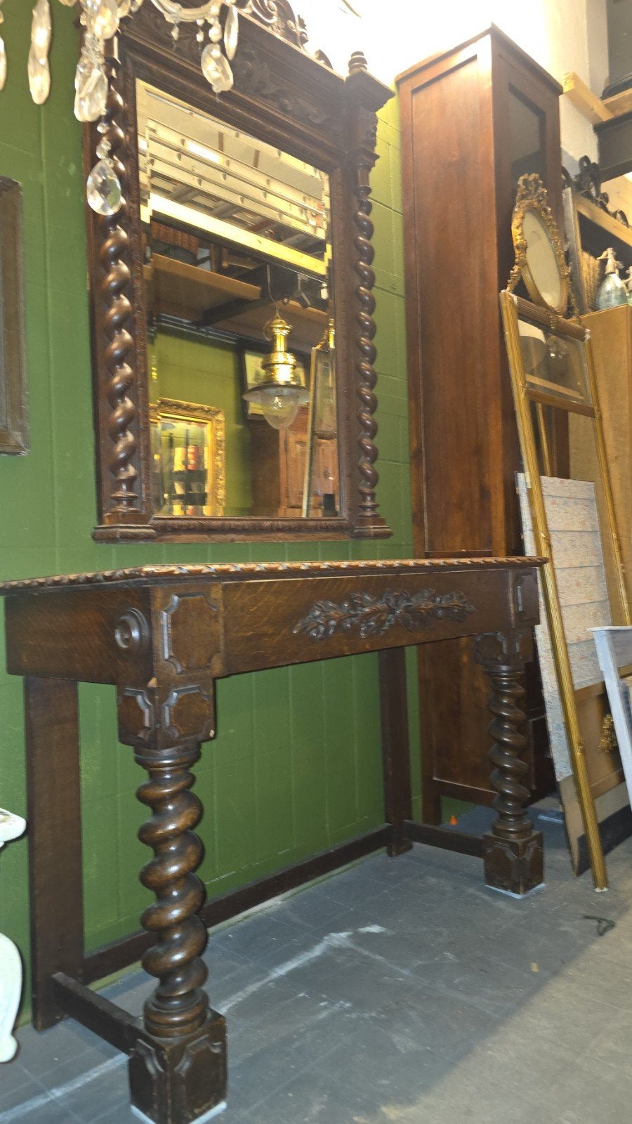 Antieke Spiegel met Sidetable en Gedraaide Poten, Antiek en Kunst, Ophalen of Verzenden, Rechthoekig