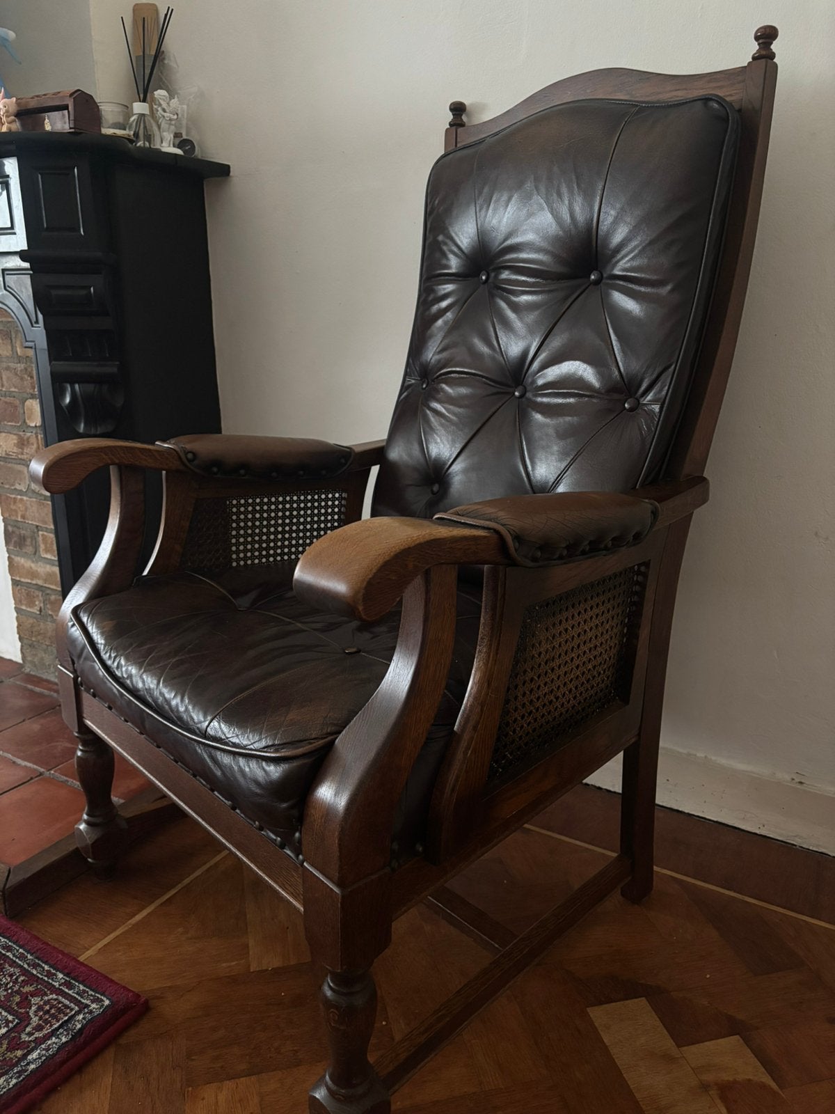 Vintage Eiken & Leren Fauteuil, Huis en Inrichting, Ophalen, Vintage, 75 tot 100 cm, Zo goed als nieuw