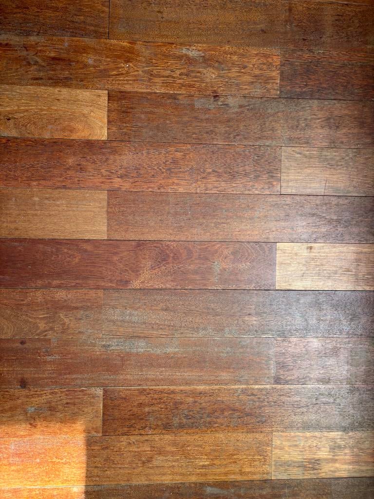 Merbau houten vloer 40m2 - al uitgehaald, Ophalen, Gebruikt, 50 tot 150 cm, Vloerdelen of -planken