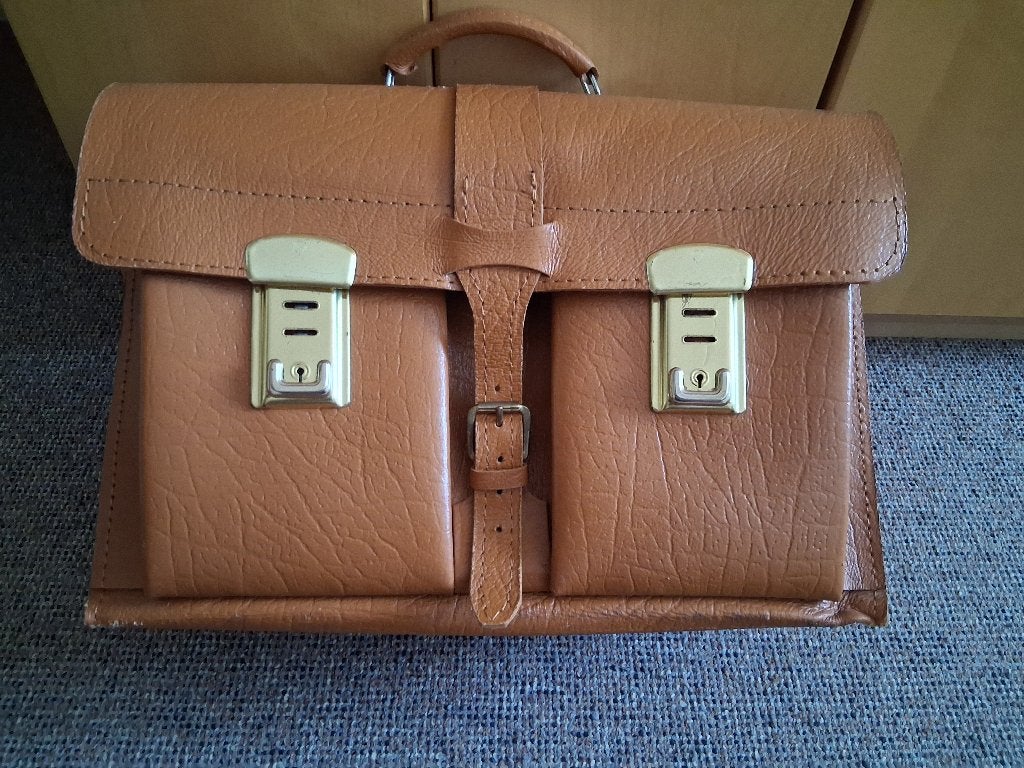 Vintage leren schooltas 3 vaks jaren 70 *eureka*, Bruin, Aktetas of Boekentas, Ophalen of Verzenden, Zo goed als nieuw