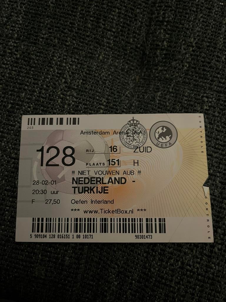 Nederland - Turkije voetbal ticket 25-02-2001, Verzamelen, Sportartikelen en Voetbal, Ophalen of Verzenden, Overige binnenlandse clubs