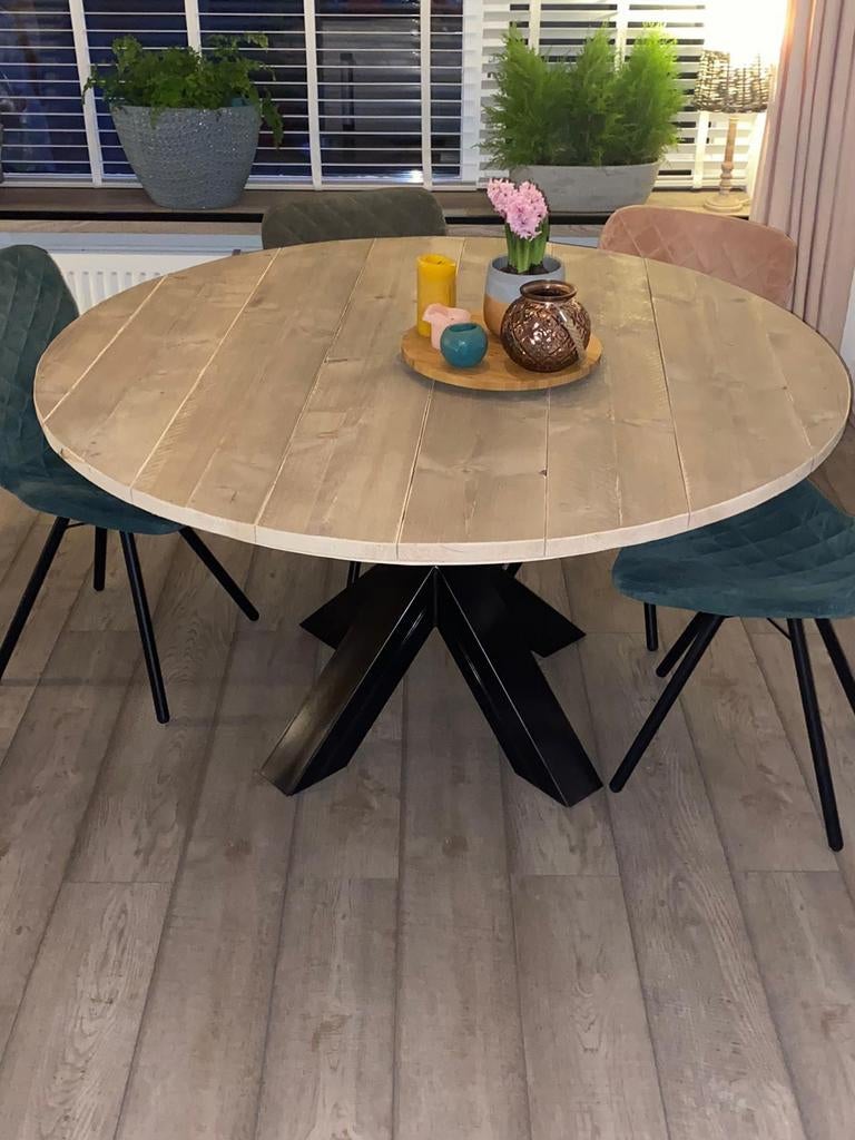 Tafel rond steigerhout met metalen poot, Huis en Inrichting, Tafels | Eettafels, Ophalen of Verzenden, Nieuw, Rond