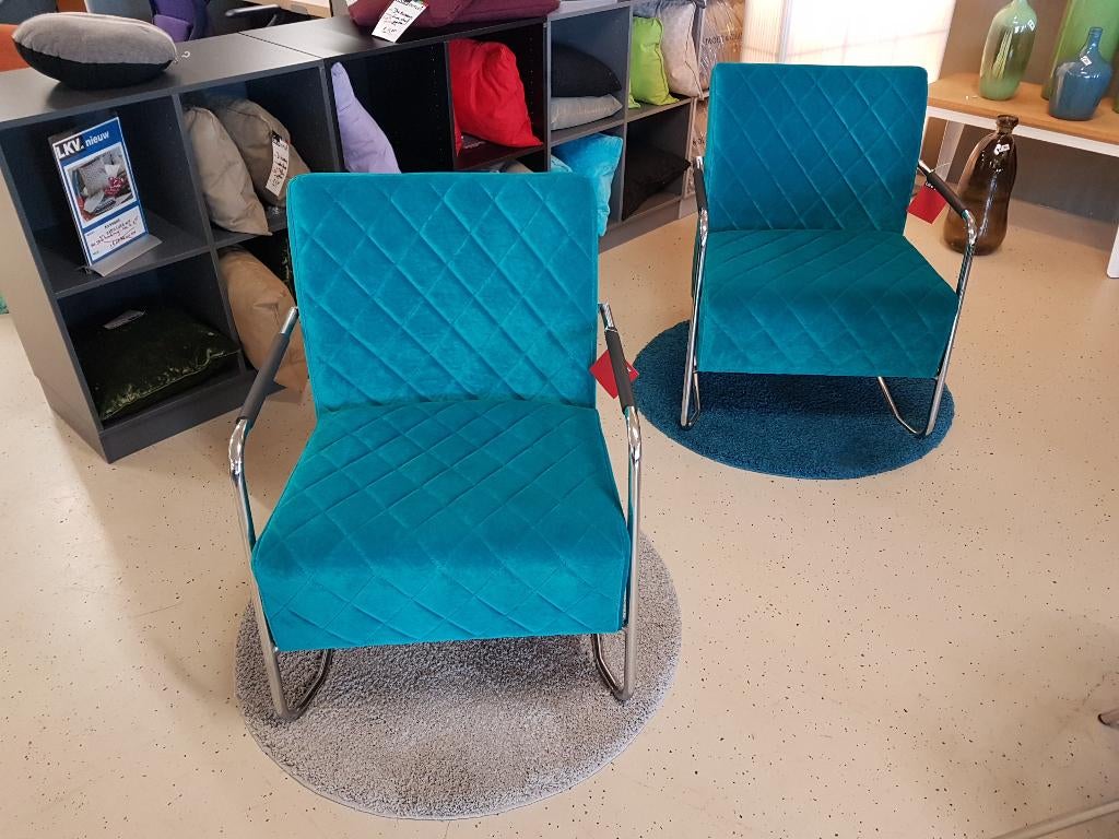 Fauteuil , slede frame , bekleding blauw, Huis en Inrichting, Fauteuils, Ophalen, Gebruikt, 75 tot 100 cm, Stof