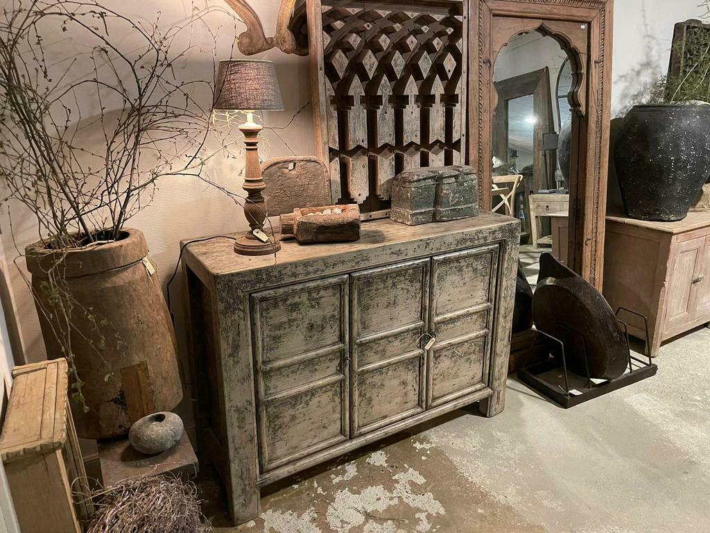 Vergrijsd houten kast tafel olijfbak schaal landelijk stoer, Ophalen of Verzenden, Metaal, Tafel