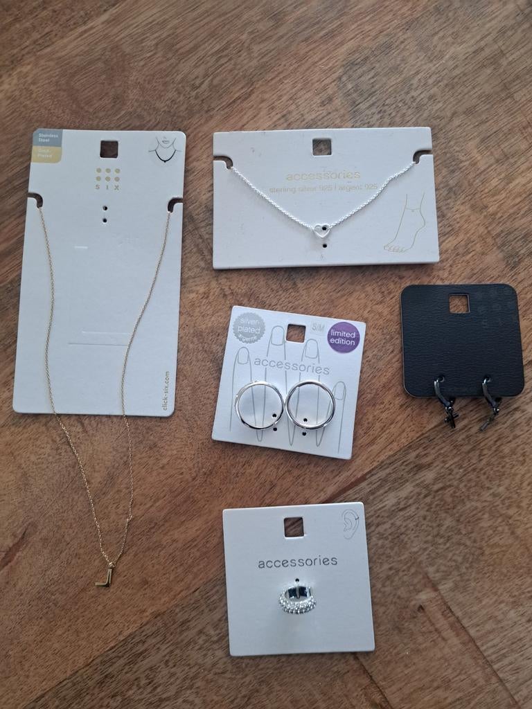 Partij sieraden ketting, ringen, enkelbandje, oorbellen, Sieraden, Tassen en Uiterlijk, Kettingen, Nieuw, Overige materialen, Zilver