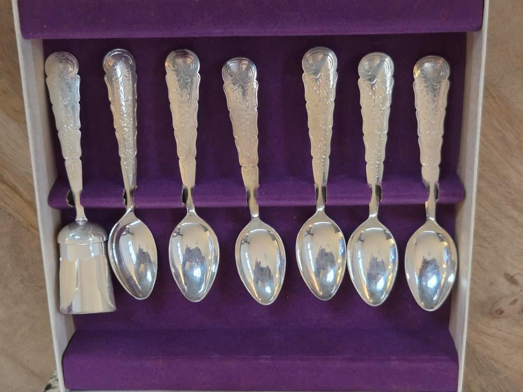 Zilveren Lepelset met Suikerlepel in Vintage Doos, Antiek en Kunst, Ophalen of Verzenden